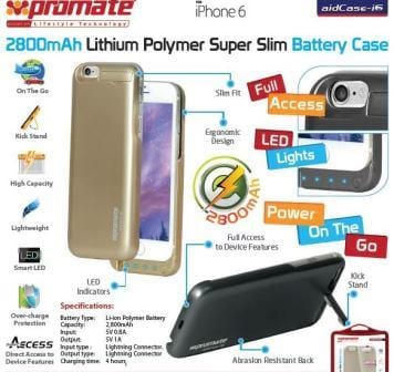 6959144017891 ComputechSolutions Promotional image for a 2800mAh slim battery case for iPhone 6, showing gold and black cases with LED indicators and kickstand features.