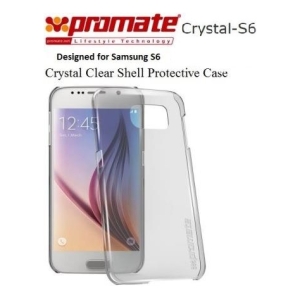 Crystal-clear protective shell for Samsung Galaxy S6, shown on a smartphone with Promate branding in the background.