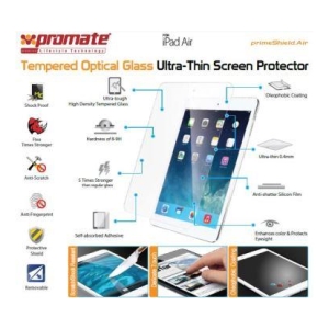 Tempered optical glass ultra-thin screen protector for a tablet, highlighting anti-scratch, anti-fingerprint, oleophobic coating, 0.4mm thickness and self-adhesive application (Promate).