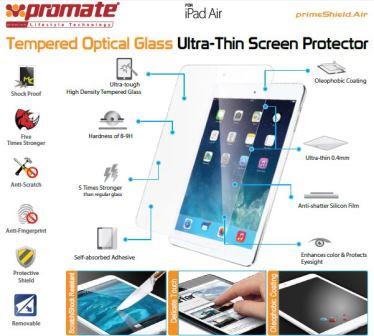 7014009090-AIR - Computech-Solutions Tempered optical glass ultra-thin screen protector for a tablet, highlighting anti-scratch, anti-fingerprint, oleophobic coating, 0.4mm thickness and self-adhesive application (Promate).