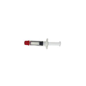 Disposable syringe with a red protective cap on the needle end.