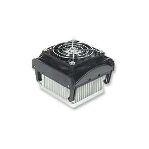 CPU air cooler with a black shroud and a mounted fan over aluminum fin heatsink.