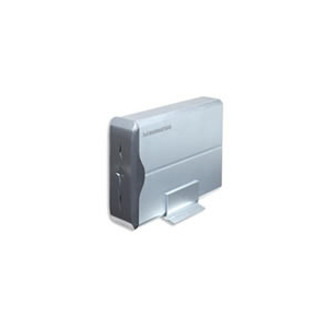 Two-bay silver external storage enclosure (NAS) with front drive bays and status indicators
