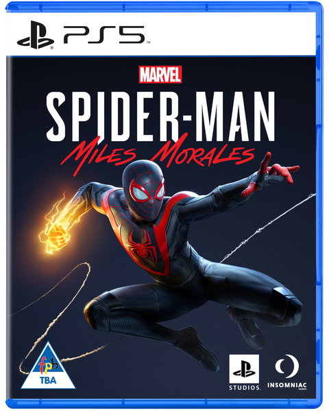 711719836025 - Computech-Solutions PS5 game cover: Spider-Man Miles Morales swinging in midair with glowing fists, Miles Morales as Spider-Man against a dark background.