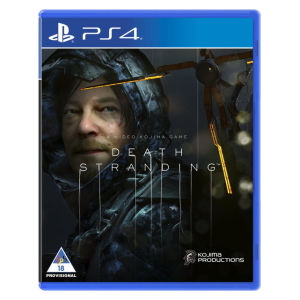 PS4 cover art for Death Stranding featuring a man in a cold-weather suit with the Kojima Productions logo.