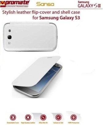 7161815181421 - Computech-Solutions Stylish white leather flip-cover and shell case for Samsung Galaxy S3 shown with back and front views in an advert.