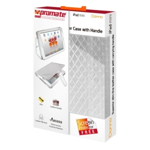 7161815415441 - Computech-Solutions Promate Donna protective case for iPad mini with a built-in handle and stand, shown as a white quilted case on the packaging