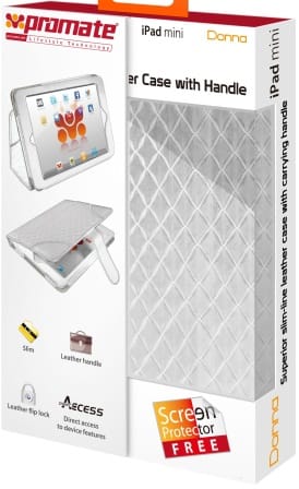 7161815415441 - Computech-Solutions Promate Donna protective case for iPad mini with a built-in handle and stand, shown as a white quilted case on the packaging