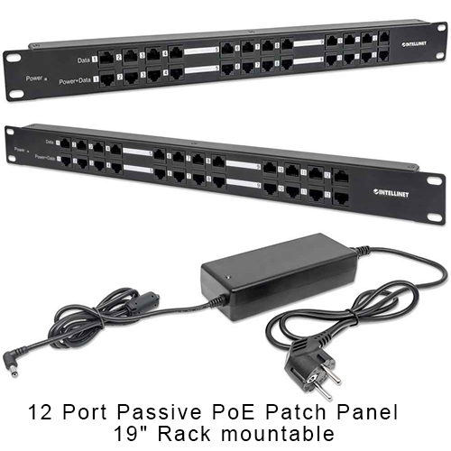 720342 - Computech-Solutions Rack-mountable 12-port passive PoE patch panel with a separate power adapter included.