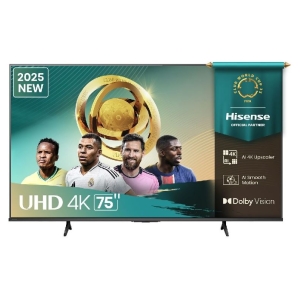 Product banner for a 75-inch UHD 4K Hisense TV, featuring soccer players and a gold trophy with '2025 NEW' label and FIFA World Cup branding, plus indicators like 4K Upscaler, AI Smooth Motion, and Dolby Vision.