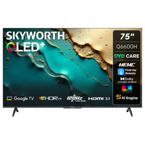 75-inch Skyworth OLED+ TV with a vibrant abstract wallpaper and a right-side feature panel listing Eye Care, MEMC, Dolby Vision Atmos, and HDMI 2.1-related features.