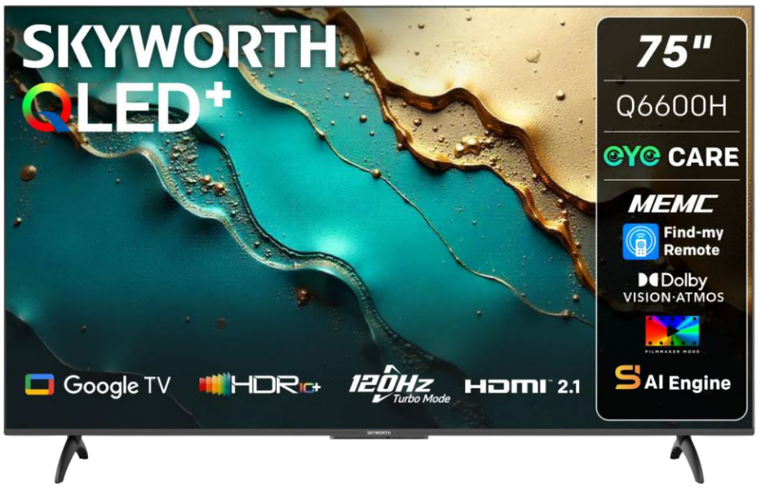 75Q6600H - Computech-Solutions 75-inch Skyworth OLED+ TV with a vibrant abstract wallpaper and a right-side feature panel listing Eye Care, MEMC, Dolby Vision Atmos, and HDMI 2.1-related features.