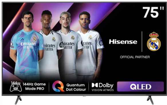 75Q7N - Computech-Solutions 75-inch Hisense QLED TV advertisement showing Real Madrid players, with branding and specs (144 Hz Pro, Quantum Dot Colour, Dolby Vision).