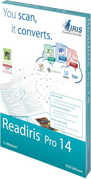 Box for Readiris Pro 14 OCR software for Windows, featuring the slogan “You scan, it converts” and icons for Excel, Word, PDF, with cloud/logo graphics.