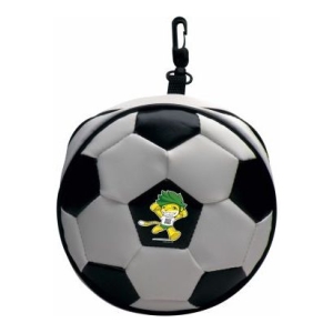 Round soccer-ball keychain with black and white panels, featuring a small green-haired cartoon character logo in the center and a black attachment clip.