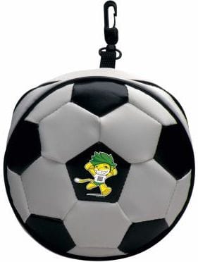 7666234229186 - Computech-Solutions Round soccer-ball keychain with black and white panels, featuring a small green-haired cartoon character logo in the center and a black attachment clip.