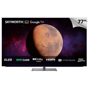 77-inch Skyworth Google TV promo against a space background with bearer planet and logos for OLED, Dolby Atmos, HDMI, and 120 Hz at the bottom