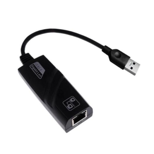 Black USB-A to RJ-45 Ethernet adapter dongle with a short attached cable, used to provide wired network connectivity