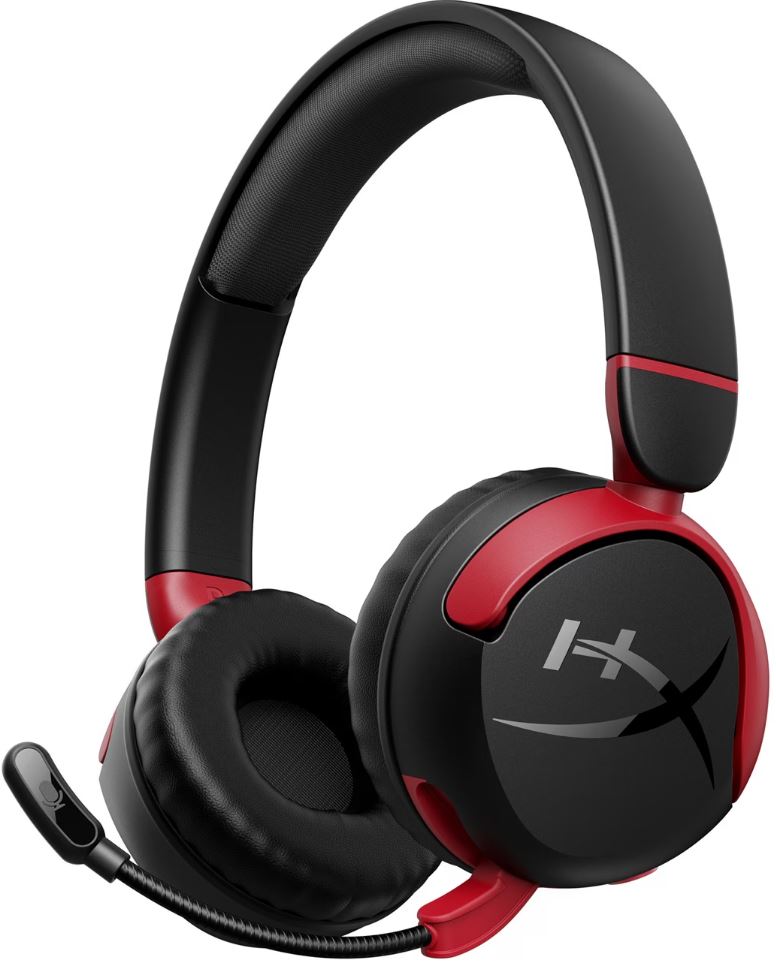 7G8F1AA - Computech-Solutions Over-ear gaming headset in black and red with a flexible boom microphone attached to the left ear cup.