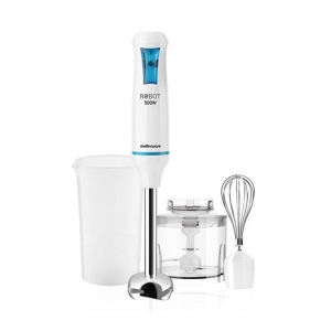 Immersion blender with stainless steel shaft and white motor, plus whisk, chopper bowl, and measuring beaker (kitchen appliance set)