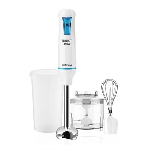 85550 - Computech-Solutions Immersion blender with stainless steel shaft and white motor, plus whisk, chopper bowl, and measuring beaker (kitchen appliance set)