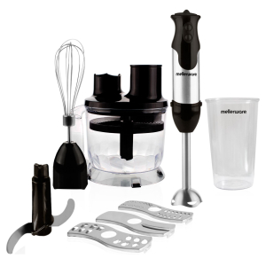 Mellerware hand blender kit with whisk, chopping blades, chopper jar, blending wand, and a tall plastic cup.