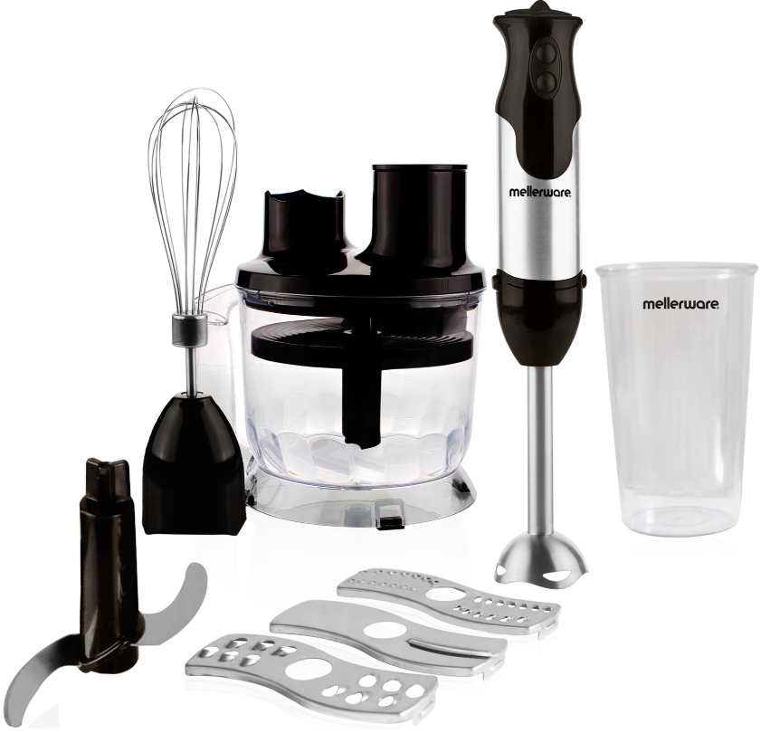 85800 - Computech-Solutions Mellerware hand blender kit with whisk, chopping blades, chopper jar, blending wand, and a tall plastic cup.