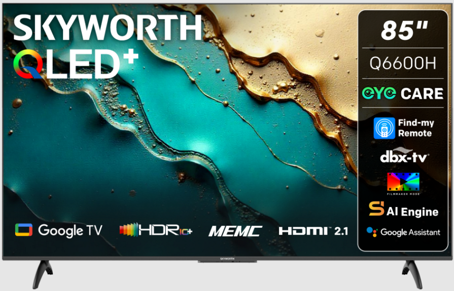 85Q6600H - Computech-Solutions 85-inch Skyworth QLED+ TV with a vibrant teal-gold screen; right-side panel shows model and logos (CARE, Find-my-Remote, dbx-tv, AI Engine, Google Assistant).