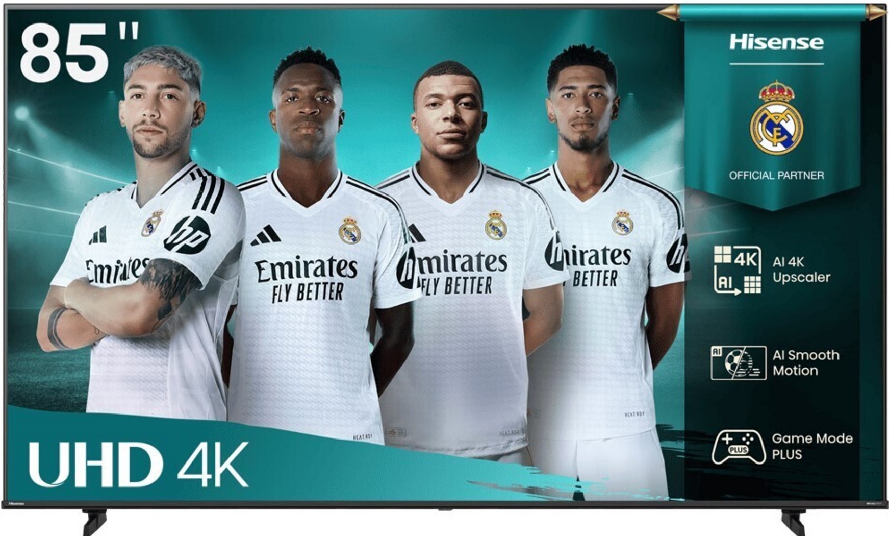 85Q7Q - Computech-Solutions 85-inch Hisense UHD 4K TV displaying Real Madrid players in white jerseys, with a teal backdrop and brand logos on the right side.