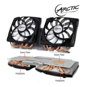 Dual-fan CPU cooler with copper heatpipes and base plates; Arctic branding visible.