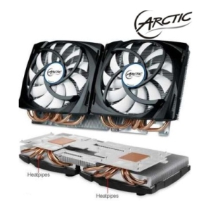 Dual-fan Arctic graphics card cooler with copper heatpipes and dense aluminum fins, mounted for GPU cooling
