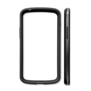 Black protective bumper case for a smartphone, shown from front and side views (empty frame).