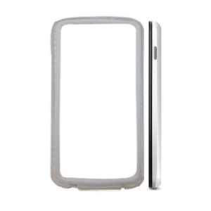 Gray rectangular frame with rounded corners standing upright, beside a slim smartphone shown in side profile.