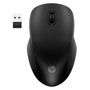 Top-down view of a black HP wireless mouse with its USB receiver beside it, logo visible on the palm rest.