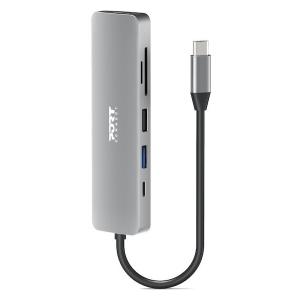 Slim silver USB-C hub with three side ports and an attached USB-C cable.