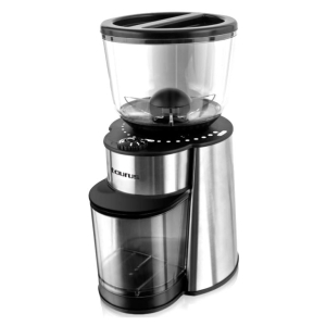 Electric juicer with a clear plastic juice container and a stainless steel body, featuring a black top dial and a feeding chute at the top (Taurus brand).