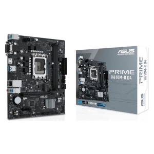 ASUS PRIME H610M-R D4 motherboard shown next to its packaging box, side-by-side display highlighting the board layout and I/O area.