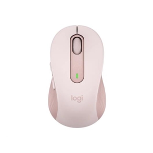 Light pink wireless computer mouse from Logi, shown from top with green status light near the scroll wheel.