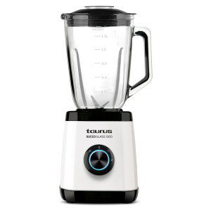 Blender with a tall glass jar marked up to 1.5 L on a white base and black lid to the top of the image.