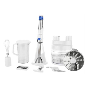White and stainless-steel multi-function hand blender set with whisk, blending wand, mini chopper, pitcher, and slicer/disc attachments on a white background.