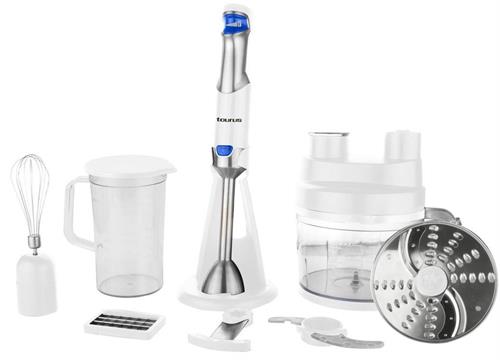 912900A - Computech-Solutions White and stainless-steel multi-function hand blender set with whisk, blending wand, mini chopper, pitcher, and slicer/disc attachments on a white background.