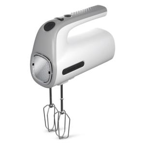 White stand mixer with detachable wire beaters, viewed from the side for countertop use