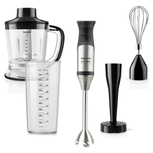 916369 - Computech-Solutions Kitchen appliance set: blender with pitcher, immersion blender, whisk, and tall measuring cup on a white background.