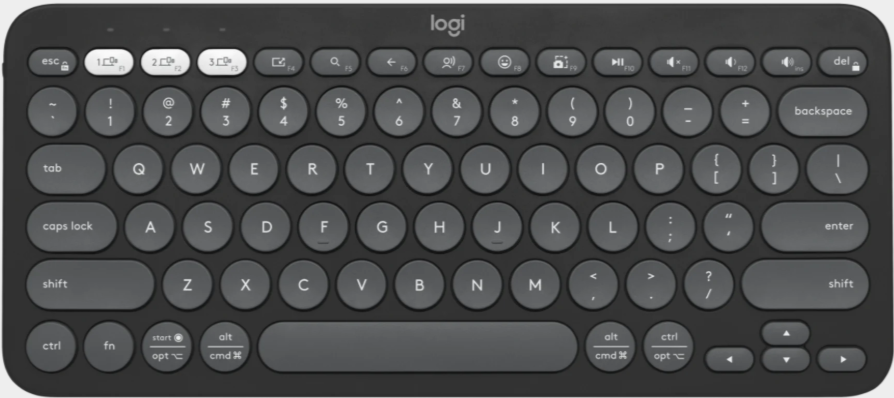 920-011851 - Computech-Solutions Compact round-key wireless keyboard with Logi branding, dark gray keys, and a long curved space bar; includes multimedia function row on the top row of keys.