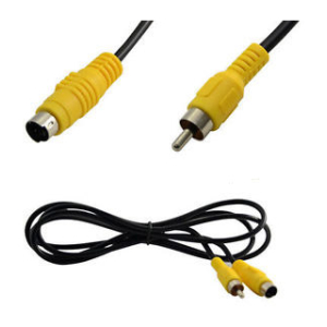Video cable with yellow RCA connectors and S-Video adapter ends on a black cord.