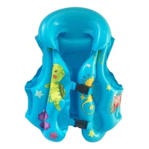 Blue kids' inflatable life vest with sea-creature graphics for swimming safety.