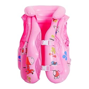 Pink children's inflatable life jacket with cartoon fish pattern and two buckles for secure fit (kid's personal flotation device).