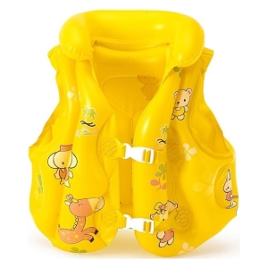 Yellow child-sized inflatable life vest with cartoon animals and white buckles, designed for swimming safety.