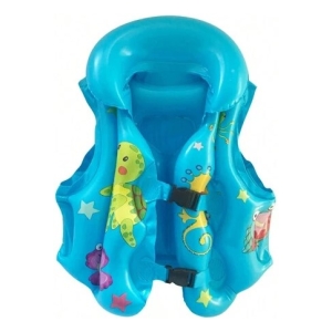 Blue kids' inflatable life jacket with colorful sea-creature prints and star patterns, featuring front buckles and straps.