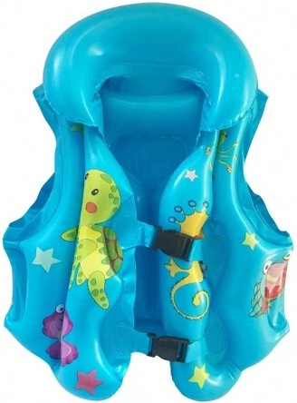 9250721401124BLU - Computech-Solutions Blue kids' inflatable life jacket with colorful sea-creature prints and star patterns, featuring front buckles and straps.